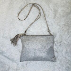MOOI Silver Calfhair Beige Leather‎ Crossbody Bag Tassel Fringe